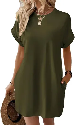 Produktbild von Sommerkleid für Damen, kurzärmelig, mit Rundhalsausschnitt und Taschen, in Olivgrün