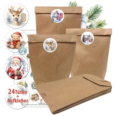 Produktbild von Adventskalender Tüten 24 XL Kraftpapiertüten mit Aufklebern zum Befüllen bunt
