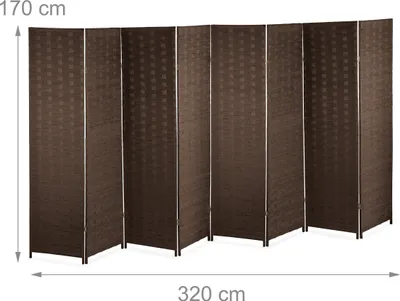 Image de Paravent Relaxdays, H x L : 170 x 320 cm, paravent pliable, paravent à 8 panneaux, bois et corde en papier, marron