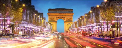 Produktbild von Wallario selbstklebendes Poster - Arc de triomphe in Paris bei Nacht, Größe: 80 x 200 cm
