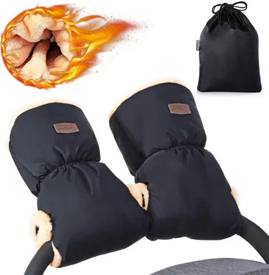 Produktbild von Orzbow Handwärmer Kinderwagen,Wasserdicht Künstliche Lammfell Handschuhe Kinderwagen mit Tasche,Winddicht Handmuff für Buggy,Winter Geschenk für Neue Eltern (Schwarz)