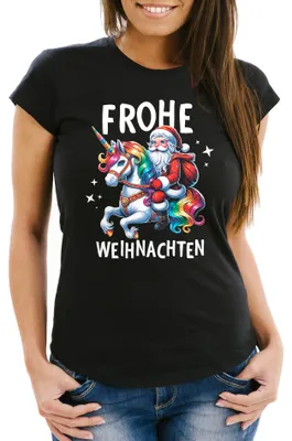 Produktbild von Damen T-Shirt Frohe Weihnachten Lustig Weihnachtsshirt Dabbing Weihnachtsmotiv Frauen Fun-Shirt Moonworks® Einhorn schwarz 3XL
