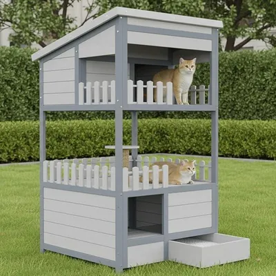 Produktbild von Tannenholz Katzenhaus, wetterfestes Outdoor Katzenheim, Massivholz Tierhaus, winterfestes Katzenversteck, mit verzinkter Katzenstreuschublade, 68 x 64 x 124 cm, grau