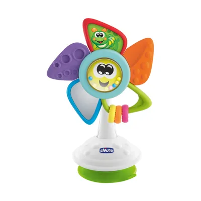 A colorful baby toy shaped like a windmill with a caterpillar on one of its petals.
