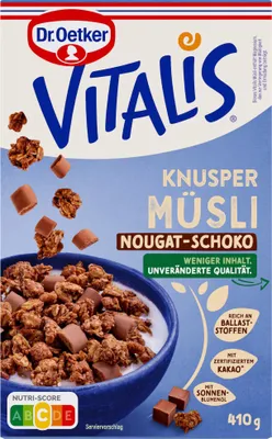 Immagine prodotto di Dr Oetker Vitalis, muesli croccante al torrone, confezione al cioccolato da 410 g