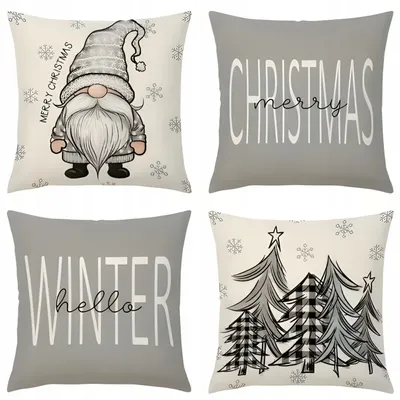 Produktbild von Weihnachtskissenbezug 4er Set - 45x45 cm - Dekokissen Leinenoptik - Hello Winter