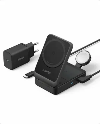 Produktbild von Anker MagGo 3-in-1 Ladestation schwarz - kabellos Aufladen, kompatibel mit Apple