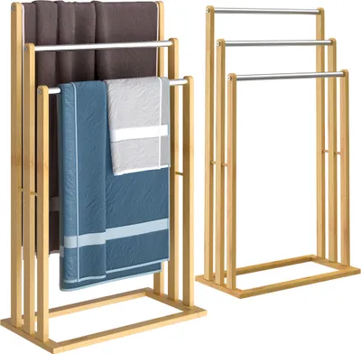 Produktbild von CASARIA® 2er Set Handtuchständer Freistehend Bambus Holz 84 x 46 x 24 cm 3 Edelstahl Stangen Handtuchhalter Stehend mit Ablage Handtuchstange Bad Ohne Bohren
