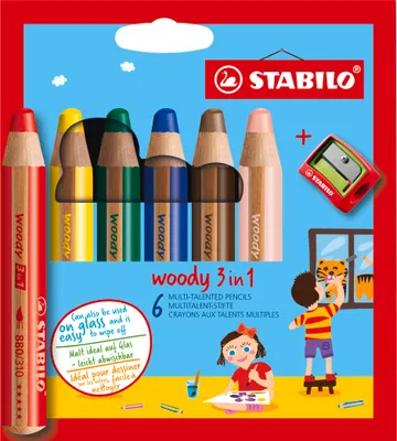 Produktbild von STABILO Buntstift, Wasserfarbe & Wachsmalkreide - woody 3 in 1 - 6er Pack mit Spitzer …