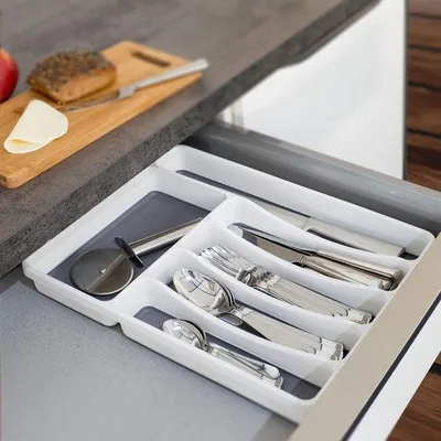 Obrázek produktu pro Plastový organizér do kuchyňské zásuvky – 6 přihrádek – bílá/šedá – 50 x 32,5 x 40,5 cm