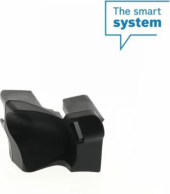 A black plastic component is shown against a white background, with a speech bubble graphic containing text in the upper right corner.