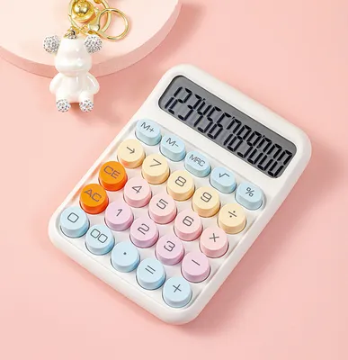 Obrázok produktu pre Mechanical Calculator 12 Digit Large LCD Display Big Round Button Cute Candy Colored Calculator Suitable for Office School Home for Kids Students Accountant - White