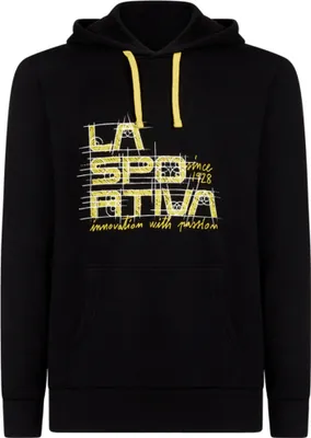 Schwarzer Hoodie von La Sportiva mit gelben Schnürsenkeln und grafischem Logo.