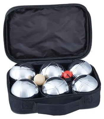 Produktbild von Relaxdays Boule Set, 6 Boccia Kugeln aus Metall, Zielkugel & Abstandsmesser, Petanque mit Tragetasche, silber/schwarz