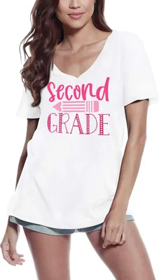 Produktbild von Damen Grafik T-Shirt V-Ausschnitt Zweite Klasse – Second Grade – Öko-Verantwortlich Vintage Jahrgang Kurzarm Lustige Druck Geburtstag Geschenk Frau