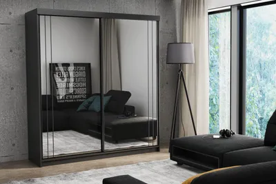 Produktbild von Krudox SMT Kleiderschrank Schiebetür Schwarz 150x216x62 cm mit Spiegel 2 Schubladen Kleiderstange Schlafzimmer Mehrzweckschrank