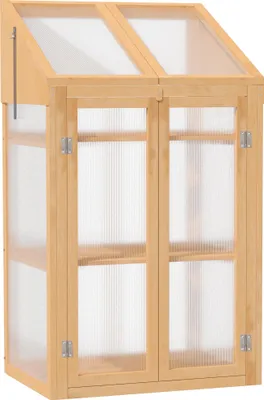 Zdjęcie produktu dla Drewniana skrzynia na warzywa Outsunny, mini szklarnia 70 x 50 x 120 cm, szklarnia z pokrywą, oknem, podwójnymi drzwiami, półprzezroczysta skrzynia na warzywa z 3 półkami, odporna na zimę, podwyższone grządki ogrodowe, balkon, brązowa