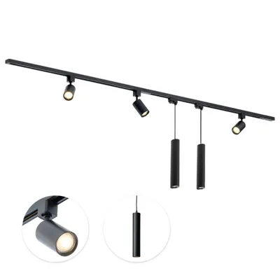 Produktbild von Qub Focus III - LED Schienensystem Komplettset - Schwarz - 1-Phasen - 200cm - 3x Spots & 2x Pendelleuchten - I-Form