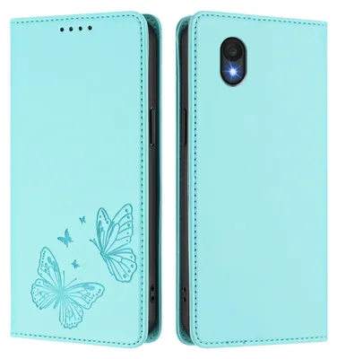 Produktbild von Lederhülle für TCL 201, Schmetterling Prägung Leder Brieftasche Schutzhülle mit Ständer Türkis