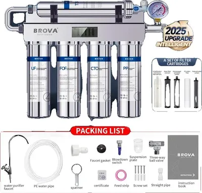 A water purification system with multiple filter cartridges and accessories, presented with marketing text and labels.