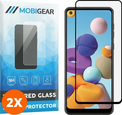 Produktbild von Mobigear Premium 4.99 Samsung Galaxy A21 Panzerglas Gehärtetes Glas Displayschutz - Hüllenfreundlich - Schwarz (2er Pack)