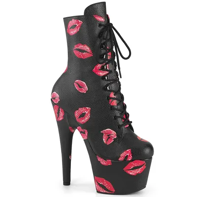 Produktbild von ADORE-1020KISSES Pleaser High Heels Plateaustiefeletten rote Lippenabdrücke schwarz Matt