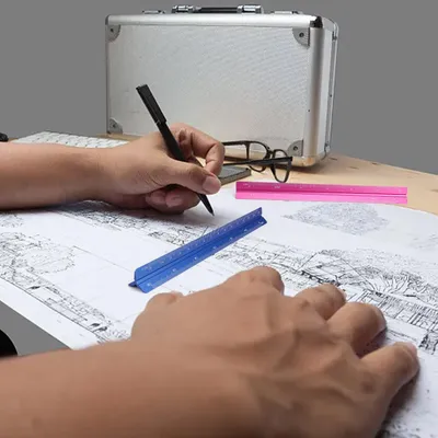Produktbild von Dreieckslineal metrisch Aluminium - 1/20 1/25 1/50 1/75 1/100 1/125 1/200 1/250 1/300 1/400 1/500 - für Studenten Ingenieure