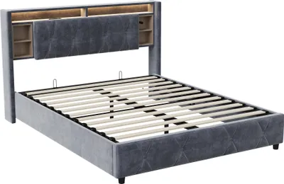 Produktbild von CDGlobal Polsterbett 160x200 cm, Doppelbett mit Stauraum und Lattenrost, LED Kopfteil mit Staufach und USB Ladefunktion, Hydraulisch Stauraumbett Funktionsbetten Rückenlehne Bettgestell, Grau