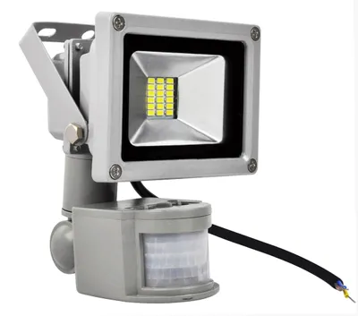 A motion-activated LED floodlight with a sensor.