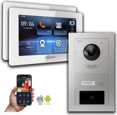Produktbild von Goliath IP Video Türsprechanlage mit Kamera 7-Zoll RFID Silber  : 2 Monitore : 7 Zoll Weiß : Aufputz Dose Monitor Anzahl: 2 Monitore Monitor Farbe: 7 Zoll Weiß Montage: Aufputz Dose