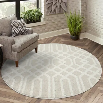 Productafbeelding van Laagpolig vloerkleed, rond, ongeveer 160 cm diameter, beige met Marokkaans ornament