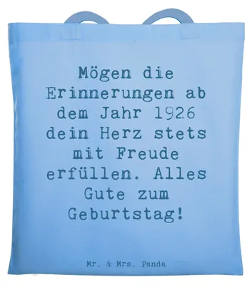 Produktbild von Mr. & Mrs. Panda Uni Tasche Spruch 1926 Geburtstag - Sky Blue - Geschenk, Geburtstagsgeschenk, Happy Birthday, Laptoptasche, Jubilar, Beutel, Glückwunsch, Geburtstagskind