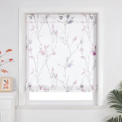Produktbild von Joyswahl Raffrollo ohne Bohren Küche Gardine Modern Ösenrollo mit Hakenaufhängung Raffgardine mit Blattmuster Transparent Vorhang Lila BxH 100x140 cm