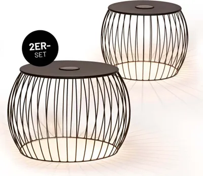 Two wire basket tables with dark tops and internal LED lighting, set against a white background with light rays emanating from them.
