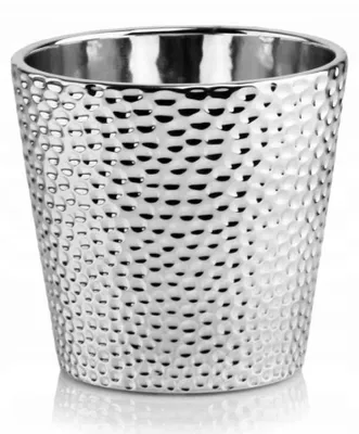 Produktbild von Runder Keramik Blumentopf Übertopf Silber glänzend geprägt 14 cm Deko Pflanzgefäß ohne Loch