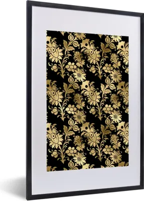 Produktbild von MuchoWow® Gerahmtes Poster Muster - Blumen - Gold 40x60 cm - Poster mit Schwarzem Bilderrahmen Wandposter Rahmen Foto Bilder - Poster in Rahmen