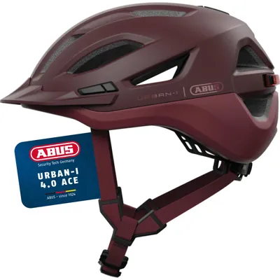 Produktbild von ABUS Stadthelm Urban-I 4.0 ACE - Fahrradhelm mit aufladbarem Rücklicht, 4 Leuchtmodi, Schirm, Zopf-Öffnung und magnetischem Verschluss - für Jugendliche, Frauen und Männer - Größe S, rot
