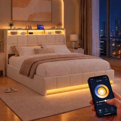 Productafbeelding van INONEFT Boxspringbed 140x200 cm met LED-verlichting en USB-oplaadpoort, bed met opbergruimte en bedlade, hydraulisch bed, gestoffeerd bed met opbergruimte/lattenbodem, linnen, beige