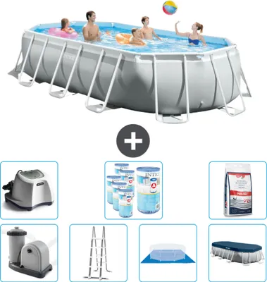 Produktbild von Intex Oval Prism Frame Swimmingpool – 503 x 274 x 122 cm – Grau – inklusive Pumpe – Leiter – Bodenplane – Abdeckung Salzwassersystem - Filter - Poolsalz