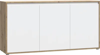 A three-door sideboard with a white front and a wood-effect frame.