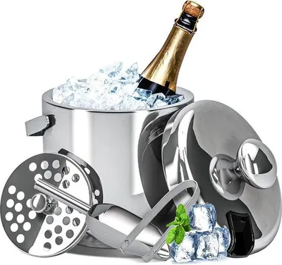 Produktbild von Unyqoos® Edelstahl-Eiseimer 3 L – doppelwandiger Eiswürfelbehälter mit Deckel, Sieb, Eiszange & Schaufel zum Kühlen von Getränken