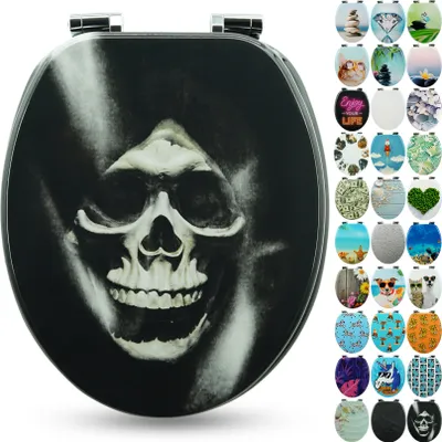A toilet seat with a skull design is shown, with a collage of other toilet seat designs to the right.