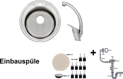 Produktbild von Küchenspüle Rundspüle K48 inklusive Mega Armatur Einbauspüle Spülbecken Abtropffläche rund