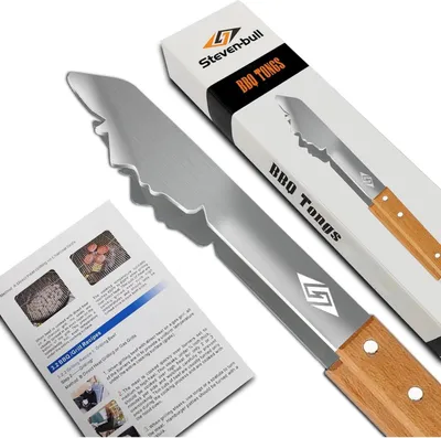 Obrázek produktu pro Grilovací kleště z nerezové oceli s dřevěnou rukojetí 43 cm - dárek pro muže, tátu, manžela