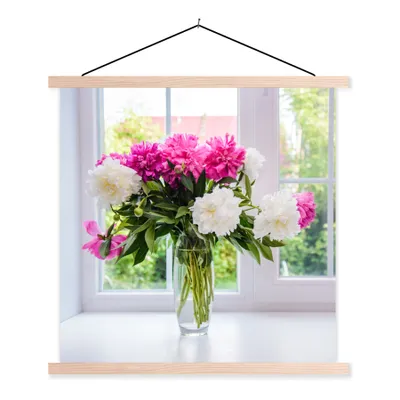 Produktbild von MuchoWow® Textilposter Blumen - Pfingstrosen - Vase 40x40 cm mit holzfarbenen Rahmen - Posterleiste