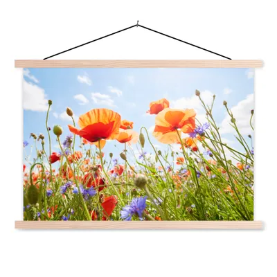 Produktbild von MuchoWow® Textilposter Blumen - Mohn - Frühling - Natur - Rot - Blau 120x80 cm mit holzfarbenen Rahmen - Aufhängeset