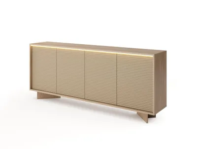 Obrázok produktu pre Široká obývačková komoda DEMI 204 cm so štyrmi dverami – v prevedení Bolivar prírodný dub a vrúbkovaný cappuccino s LED osvetlením