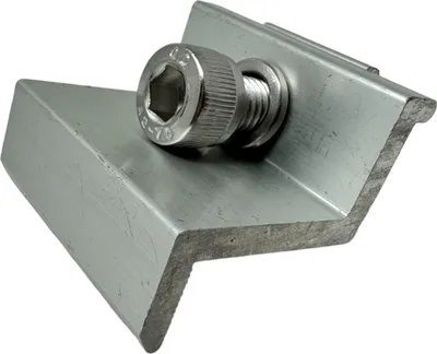 A close-up, studio shot of a metal solar panel mounting bracket with a bolt.