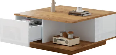 Produktbild von STILVORA Couchtisch mit 3 Schubladen,geometrischer Kaffeetisch mit offenem Stauraum,Beistelltisch Hochglanz für kleine Räum,Weiß+Natur