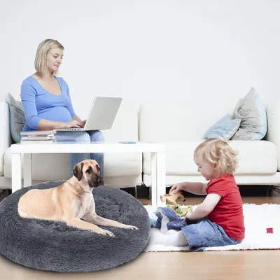 Immagine prodotto di Cuccia rotonda per cani e gatti Vigevee, diametro 80 cm, in peluche lungo, con fondo antiscivolo, colore grigio scuro